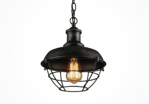 Industrial hanging lamp isolated on white background, clean commercial stock photo.