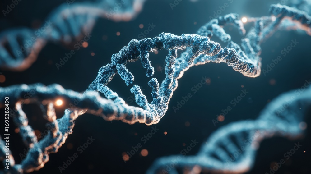 Poster intricate structure of dna helix with glowing elements set against a dark background showcasing scie