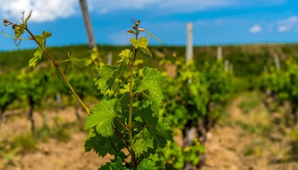 Naklejka premium Close-up vineyard, green leaves, sunny day