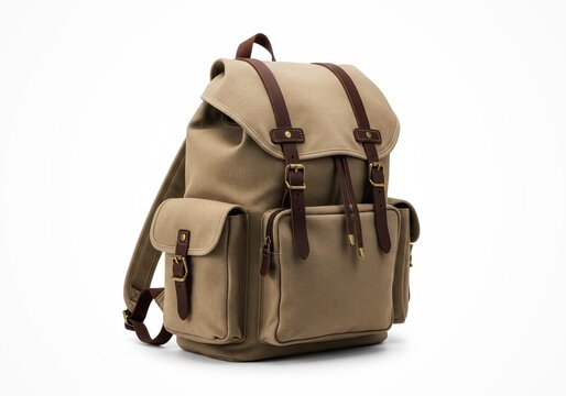 Canvas backpack isolated on white background, clean commercial stock photo.