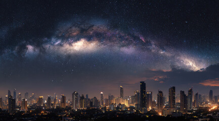 Breathtaking city skyline at night with starry sky and Milky Way galaxy visible above, creating stunning contrast