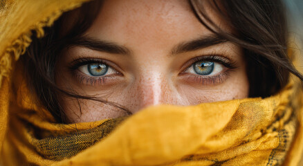 Fototapeta premium Close up of woman eyes wrapped in yellow scarf, showcasing her striking blue eyes and freckles