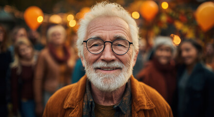 Joyful elderly man with glasses and white beard stands outdoors at festive gathering, surrounded by people and orange balloons