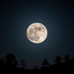 Moon and Silhouetted Trees Against a Starry Night Sky

