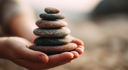 Obraz premium Smooth stones stacked in person hands, symbolizing balance and tranquility. background is softly blurred, enhancing peaceful mood
