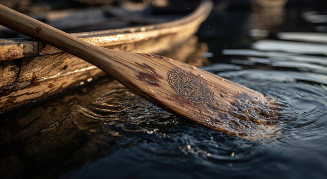 Wooden oar with intricate carvings gently stirs water beside rustic boat, creating ripples in calm surface