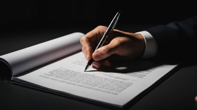 Signing a Contract: Close-Up of Hand with Pen on Legal Document in Dark Setting