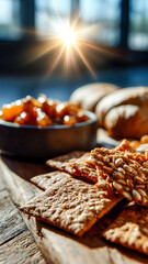 Savory snack: Seeded crackers, relish, and bread rolls on a rustic wooden board bathed in sunlight from the window.