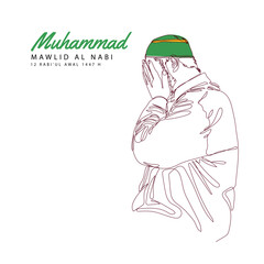Continuous line art hands drawing for islamic mawlid al-nabi holiday celebration illustration