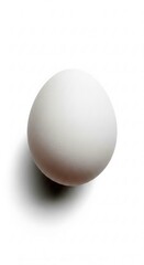 Studio shot capturing the pristine white surface and organic texture of a single egg, set against a clean background, with subtle shadows enhancing its three-dimensional form .