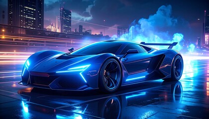 Futuristic sports car in a vibrant city at night