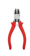 A pair of red-handled, metal-bladed utility snips are centrally positioned against a plain white background.