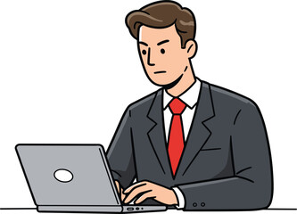 Serious businessman in formal suit and red tie working on laptop at desk in office or corporate remote work setting.