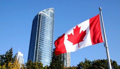 Iconic Canadian scene: Flag with the Maple Leaf in front of modern architecture
