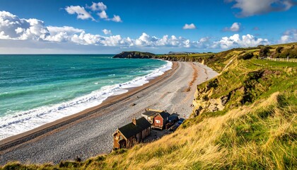 Scenic coastal view with beach and buildings