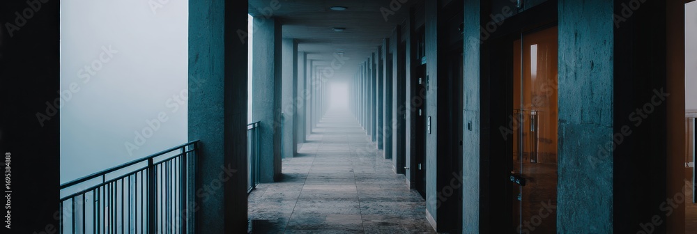 Poster mysterious hallway with fog and distant light in modern building at twilight