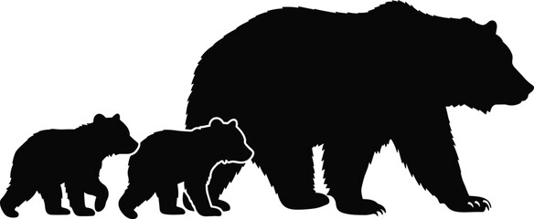 Silhouette of mother bear walking with two cubs in wildlife nature scene isolated on white background, family animal vector illustration © Kartik Creative