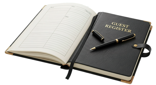 Open Guest Register Book with Pen
