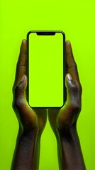 Dark skinned person displays vertical smartphone with bright green screen against a green background design.