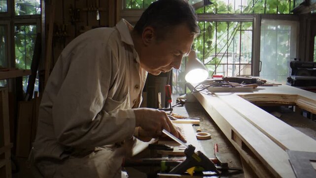 Senior craftsman cuts groove in wooden surface using chisel