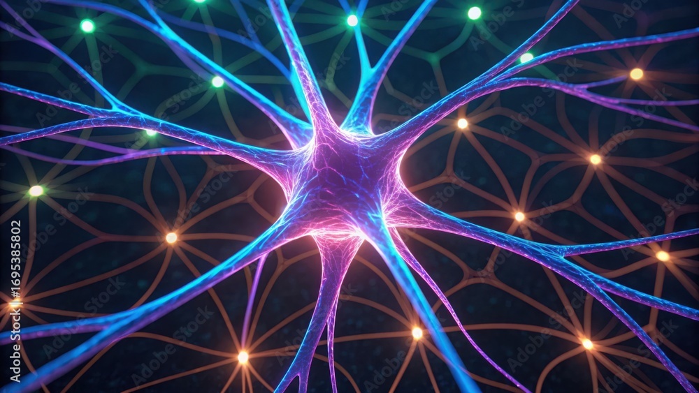 Poster neon artistic rendering of brain neurons in rewiring process