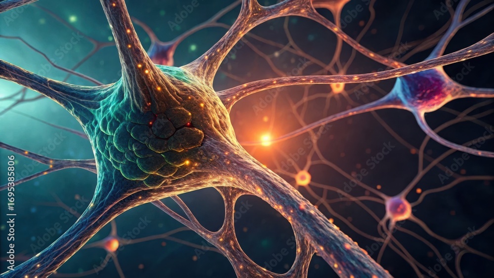 Poster pathways forming new connections in glowing neurons and synapses