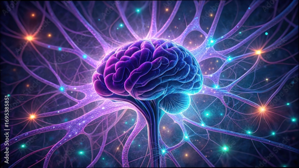 Poster glowing neural pathways formation in brain with glowing mat design