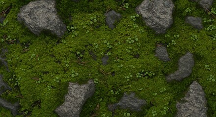An overhead shot displays rocks interspersed within a bed of green moss and small plants with scattered pine needles