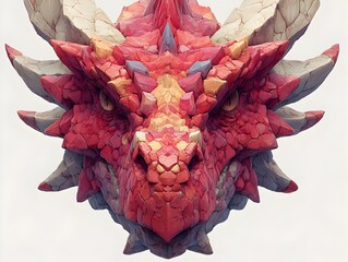 A captivating low poly red dragon head with horns stares intensely with textured skin and neutral backdrop.