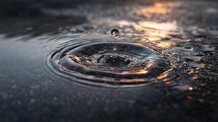 A water droplet impacting a puddle, creating concentric ripples and reflecting warm sunset light.