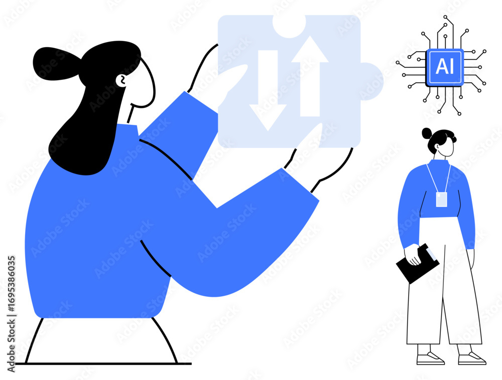 Poster two people, one holding a puzzle piece with arrows, another with a notepad. ai processor chip. ideal