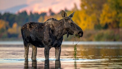 Moose grazing in shallow water at autumn sunset