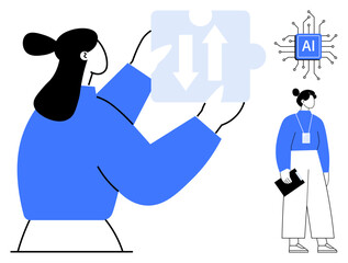 Two people, one holding a puzzle piece with arrows, another with a notepad. AI processor chip. Ideal for teamwork, AI, innovation, problem-solving creativity collaboration workflow. Simple flat