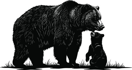 Mother bear with cub illustration in black and white, wildlife drawing showing strong family bond, wild animal nature artwork vector © Kartik Creative