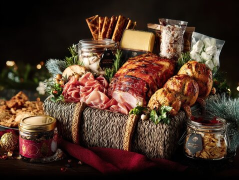 Luxurious festive food hamper with glazed ham, prosciutto, cheese, and bread in a woven basket.