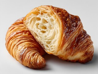 A golden brown croissant is cut in half revealing a flaky interior with delicious air pockets on white background.