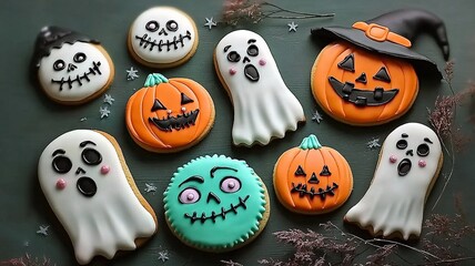 Halloween Pumpkin and Ghost Shaped Cookies, Creative Festive Dessert for Kids Party and Holiday Baking Decoration