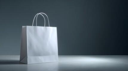 A blank, white paper shopping bag stands on a light gray surface against a dark gray backdrop, highlighting its simple elegance.