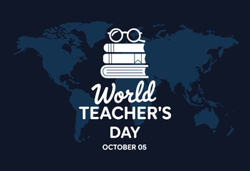 Celebrating world teacher's day with books and glasses over a world map background illustration