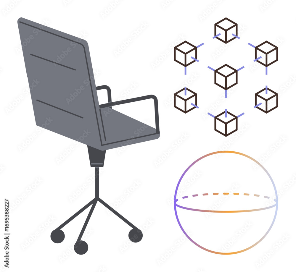 Poster office chair with a blockchain network diagram and a 3d geometric sphere. ideal for technology, inno