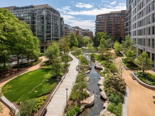 Fototapeta premium Urban Park with Stream, Buildings, and Greenery