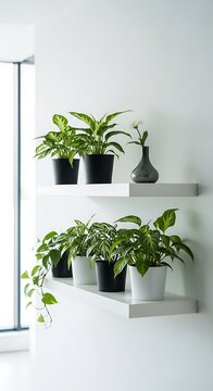 Green houseplants in various pots on white floating shelves, modern home decor against bright minimalist wall.
