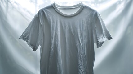 A simple, unadorned white t-shirt hangs gently on a clothesline, bathed in soft, natural light.