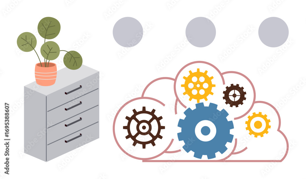 Poster gears inside a cloud shape, representing cloud computing mechanics, next to a filing cabinet and pot