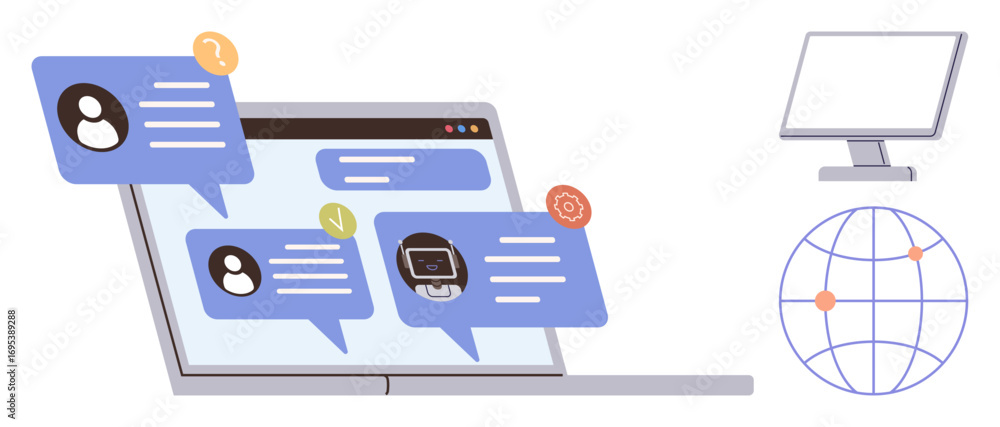 Poster laptop with chat bubbles showing messages, icons representing user profiles, ai bot, queries, approv