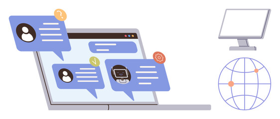 Laptop with chat bubbles showing messages, icons representing user profiles, AI bot, queries, approval, desktop monitor, global network. Ideal for teamwork, support AI interaction networking