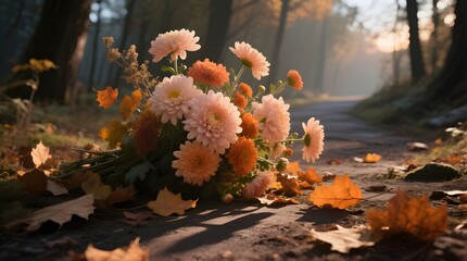 A fallen bouquet of autumn flowers and leaves on a forest road.