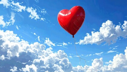 A heart-shaped red balloon floats in a vibrant blue sky filled with puffy white clouds