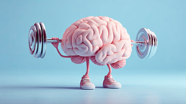 Exercising muscles brain lifting heavy weights concept. A playful brain character lifting weights, symbolizing mental strength.