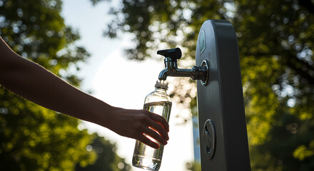 A person's hand carefully refills a reusable water bottle from a modern outdoor public dispenser, emphasizing hydration and sustainability in a natural environment.